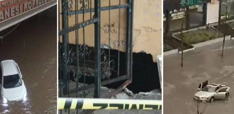 Diyarbakır’daki selde binanın duvarı çöktü