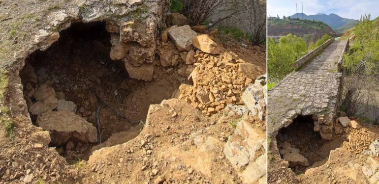 Şemdinli’deki Tarihi Nehri Taş köprüsüne defineciler zarar verdi